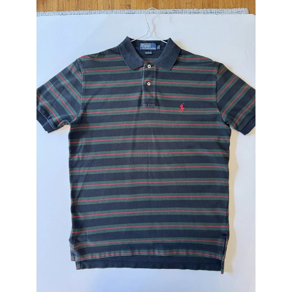 Vintage Ralph Lauren Mens M Short Sleeve Black and Green Stripe Red Pony Polo
